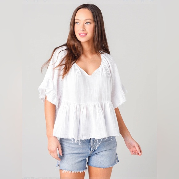 STARK X White Frayed Hem Babydoll Short Sleeve Ruffled Top Size XSmall - Picture 1 of 5